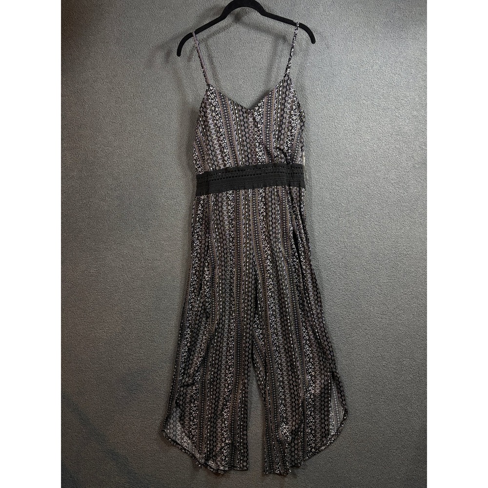 No Boundaries Jumpsuit Womens XXL 19 Black Floral Crochet Waist Wide Leg 9117